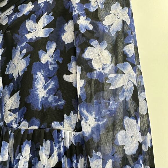 RTR ML Monique Lhuillier Melanie Black White & Blue Floral Maxi Dress Sz 0 - Picture 10 of 14